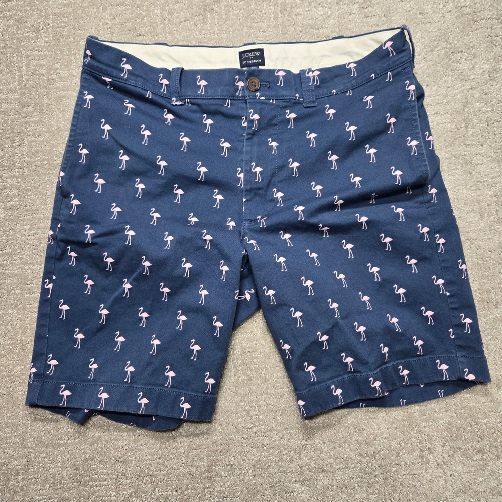 J.Crew Mens 32 Navy Blue Pink Flamingo Chino Shorts 9 Inch Inseam